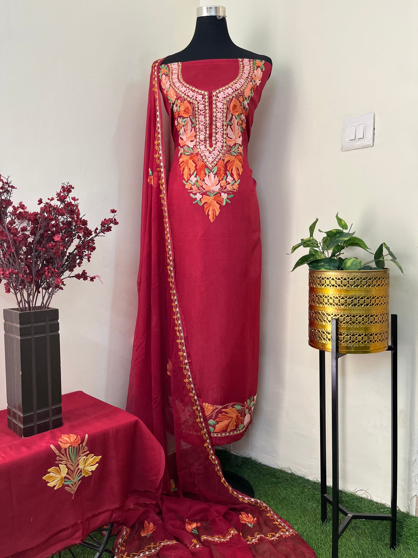 Maroon Opada Silk Aari Embroidered Suit material