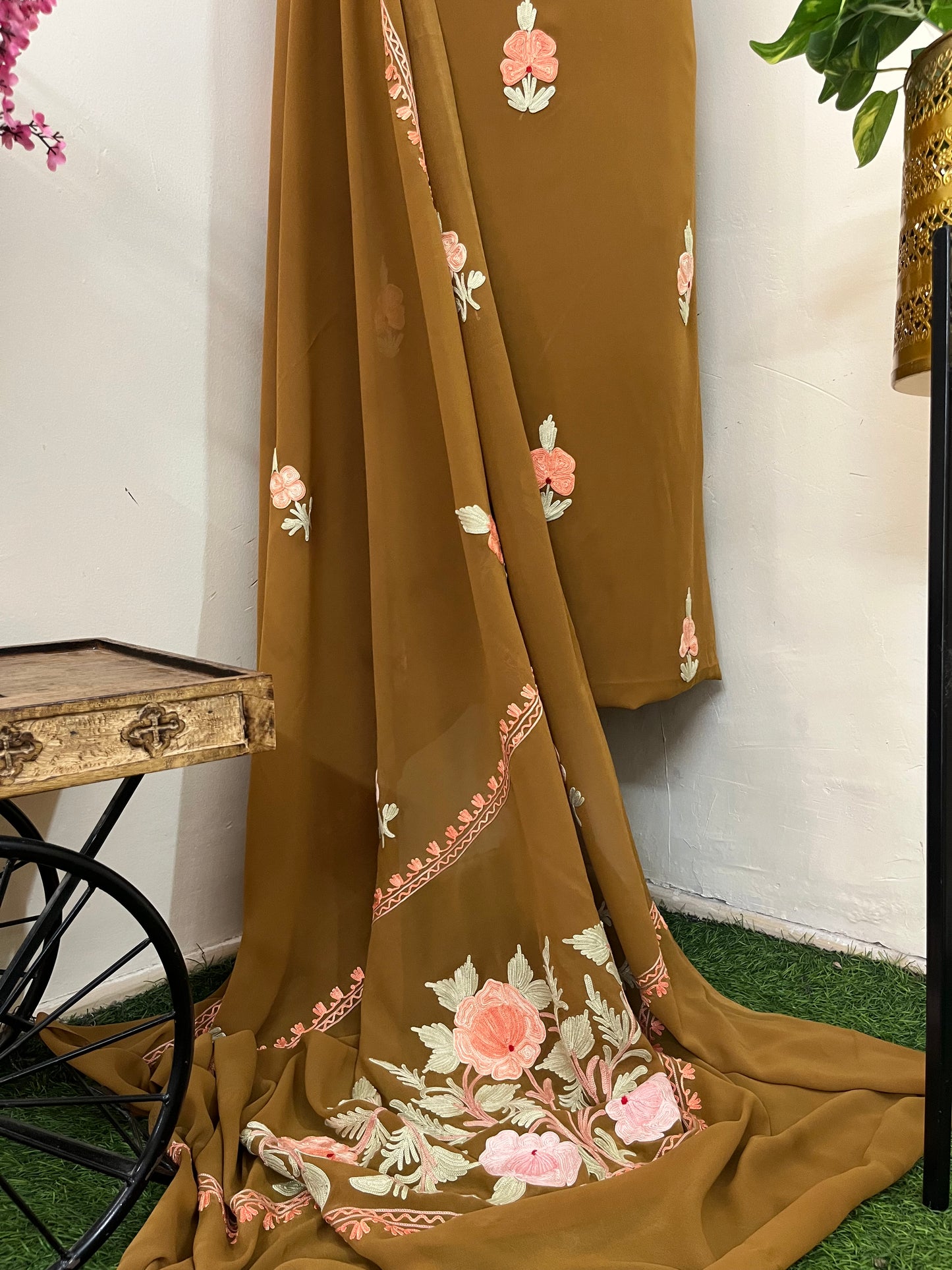 Coffee Brown Georgette 3 Pc Aari Embroidered Suit
