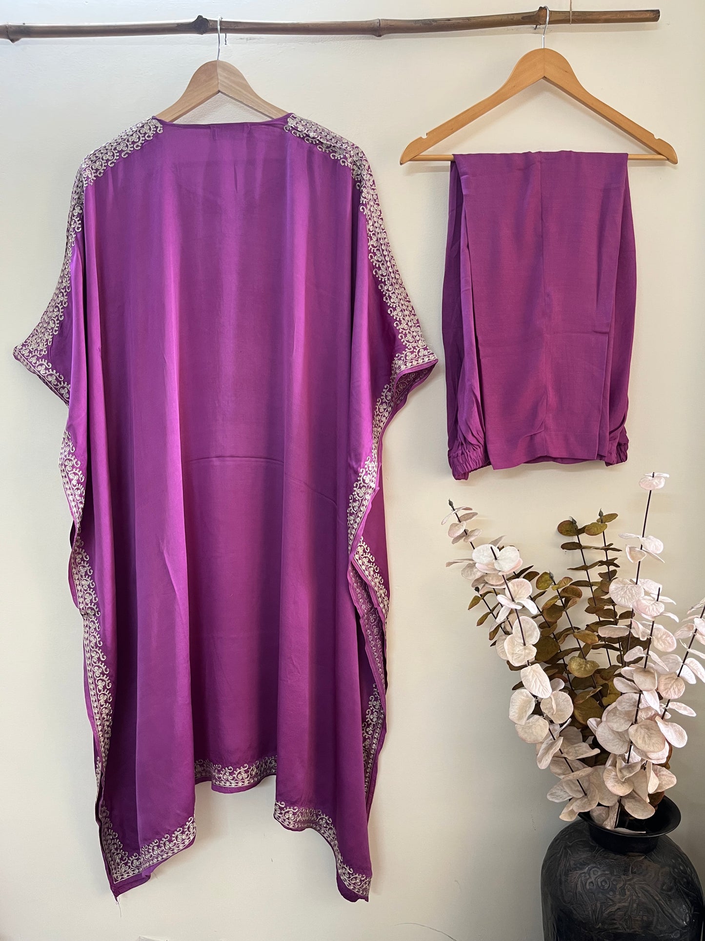Lavender Cotton Crape Kashmiri Kaftan Set