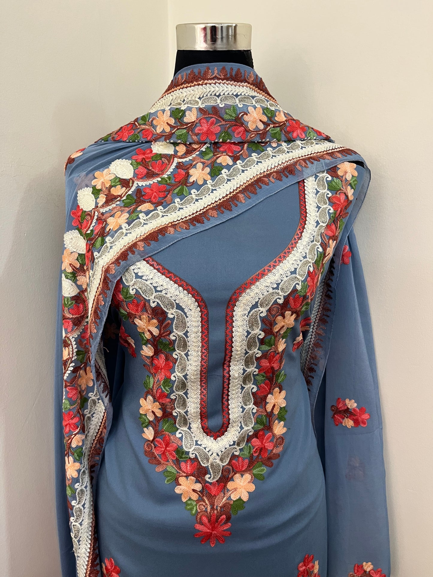 English Blue Rayon Cotton Kashmiri 3pc set