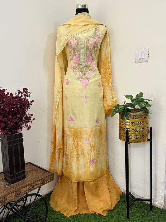 Lemon Yellow Mul Cotton Shibori Work Kashmiri 3pc Suit