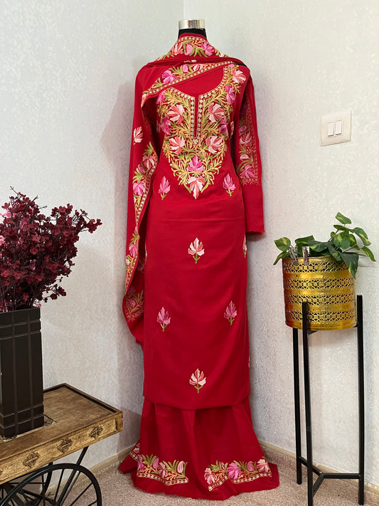 Red Pure Wool Aari Embroidered 3pc Suit Stole