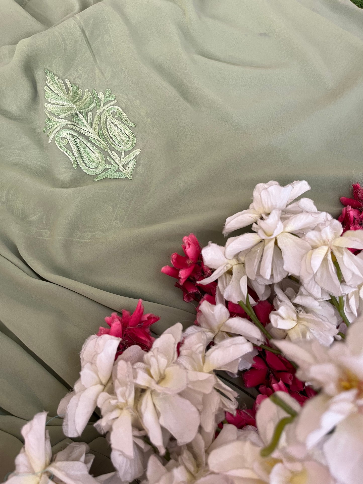 Tea green Georgette 3 Pc Aari Embroidered Suit Set