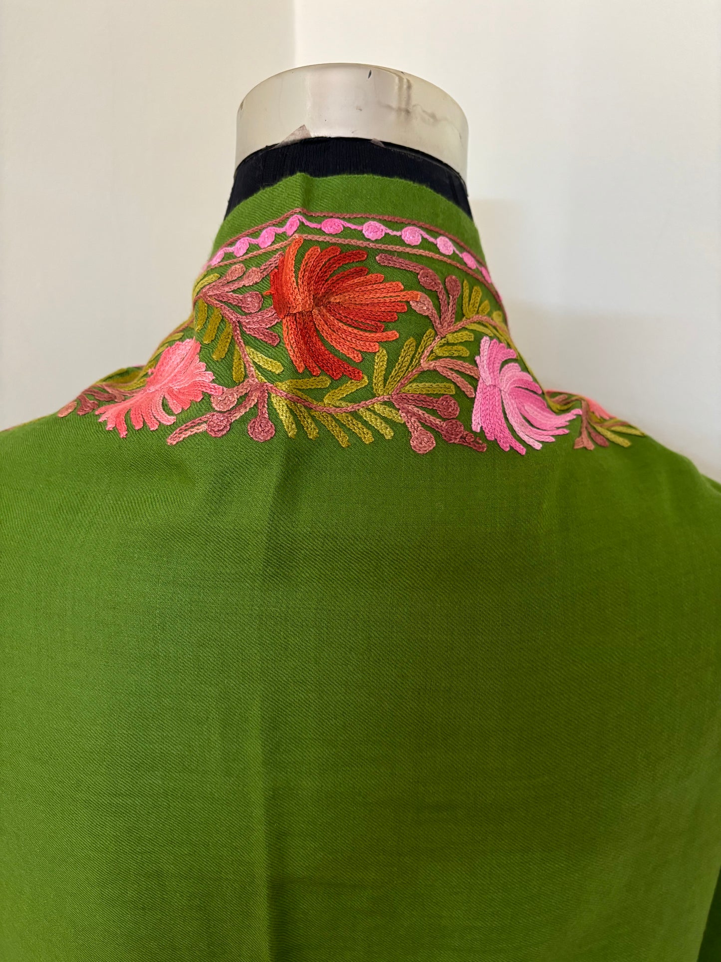 Henna Green Aari Embroidered Pure Wool Cape