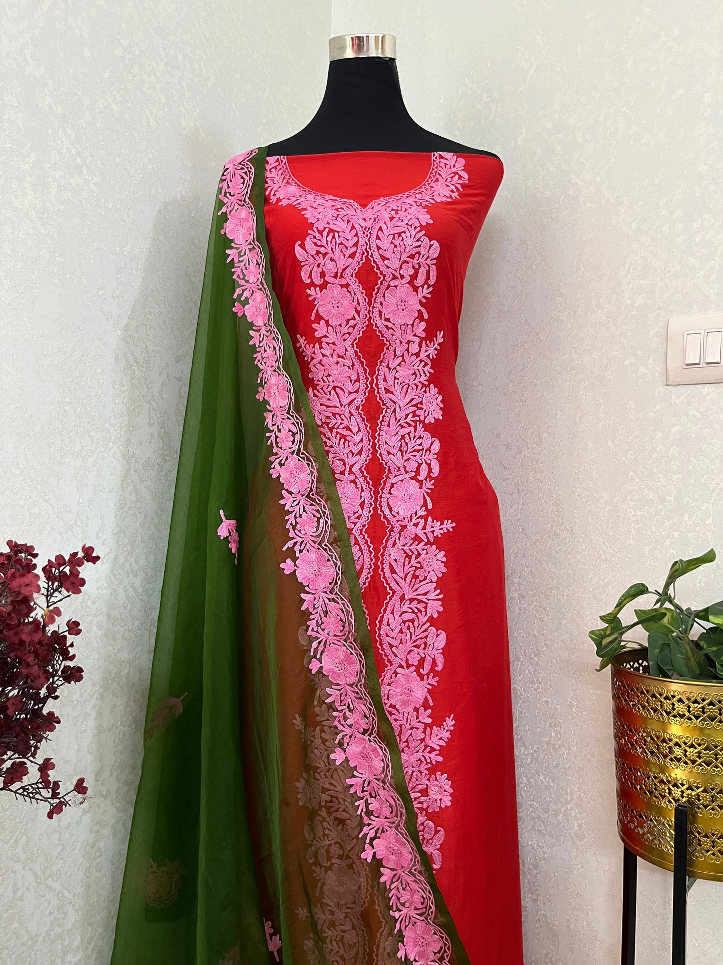 Red Chanderi Silk Kashmiri Suit