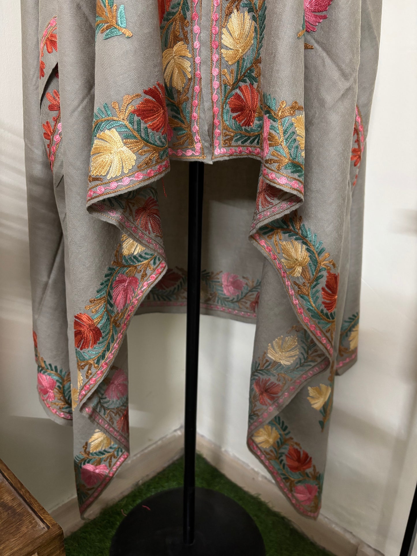 Beige Aari Embroidered Pure Wool Cape
