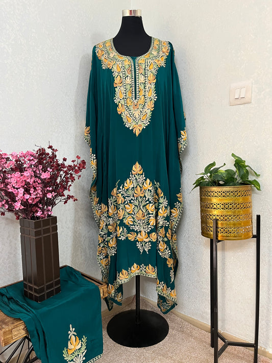 Green Pure Crape Kashmiri Kaftan