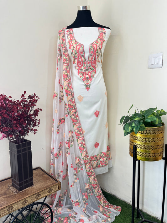 Cream Rayon Cotton Kashmiri 3pc set