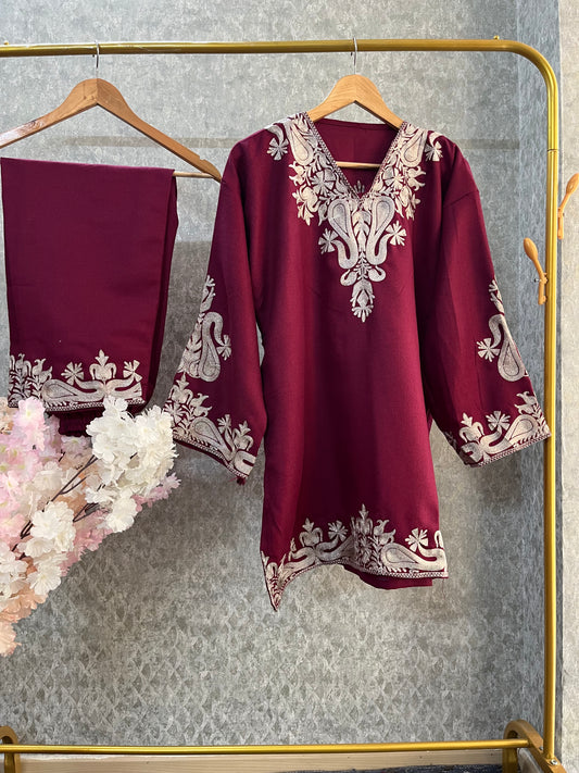 Wine Woollen Kashmiri Co-Ord Set ( Size 44)