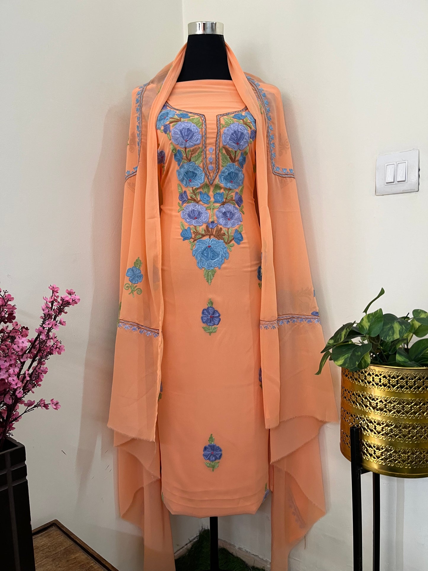 Light orange Georgette 3 Pc Aari Embroidered Suit