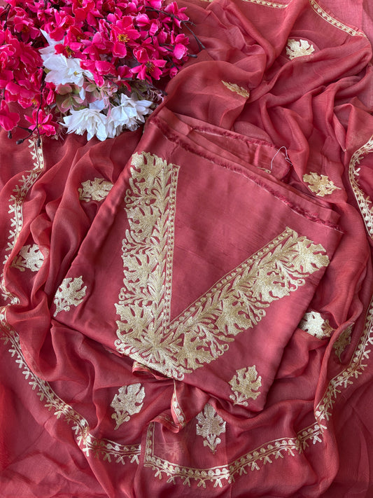 Blush Red Silk Tilla Kashmiri Suit
