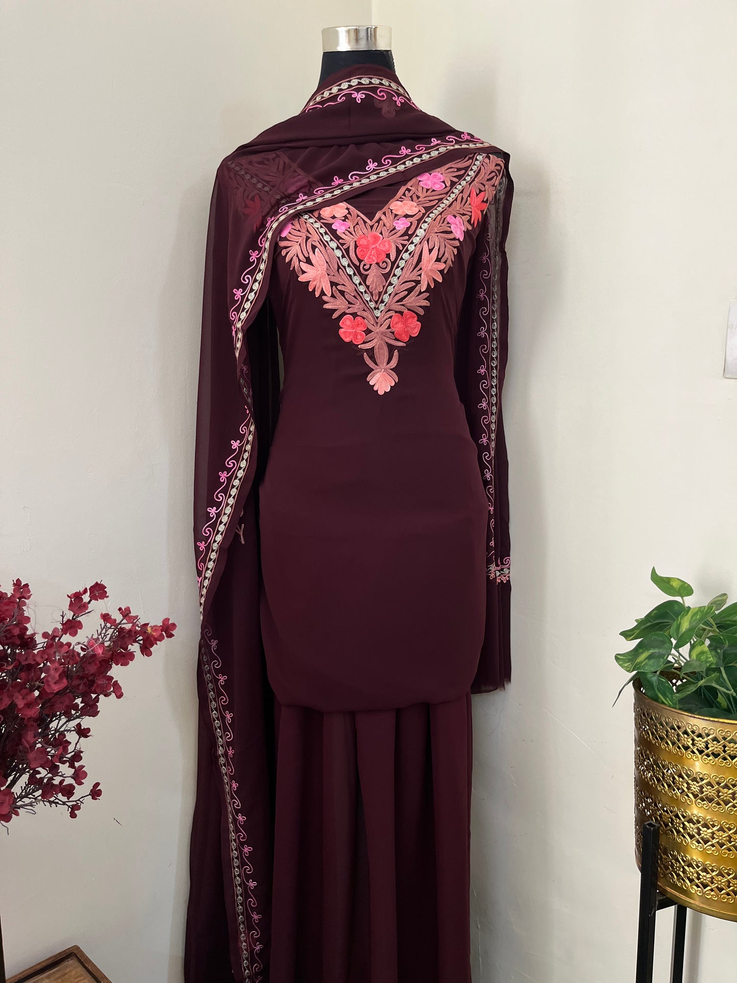 Brown Georgette 3 Pc Aari Embroidered Suit Set