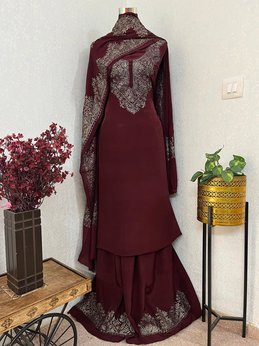 Brown Kalaaโ Crape Jacket Style Kashmiri Suit