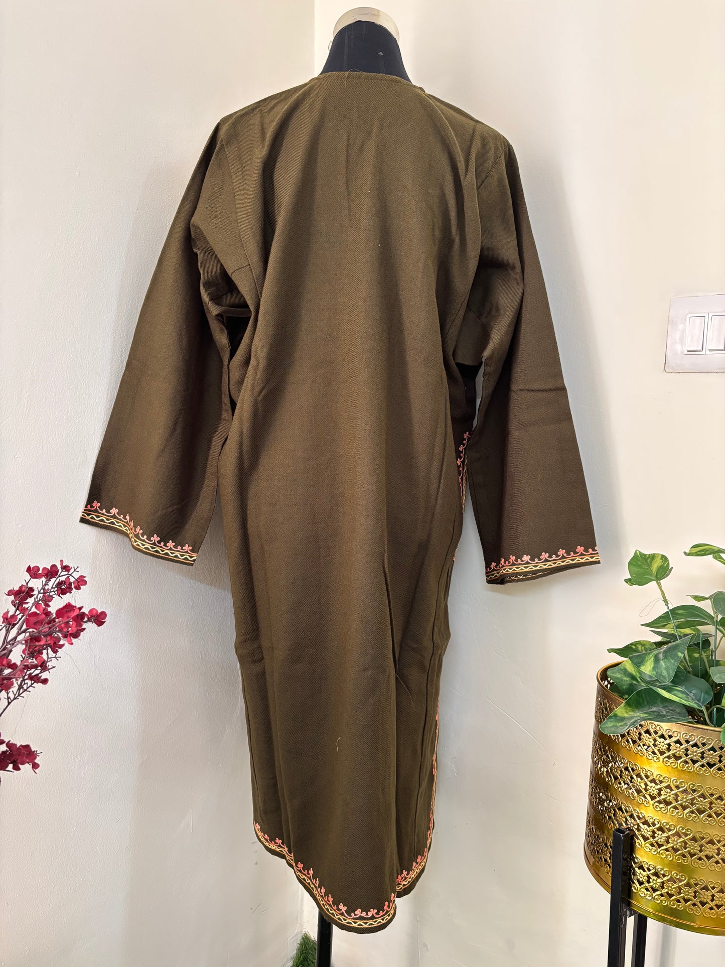Army Green Aari Embroidered Wool Pheran