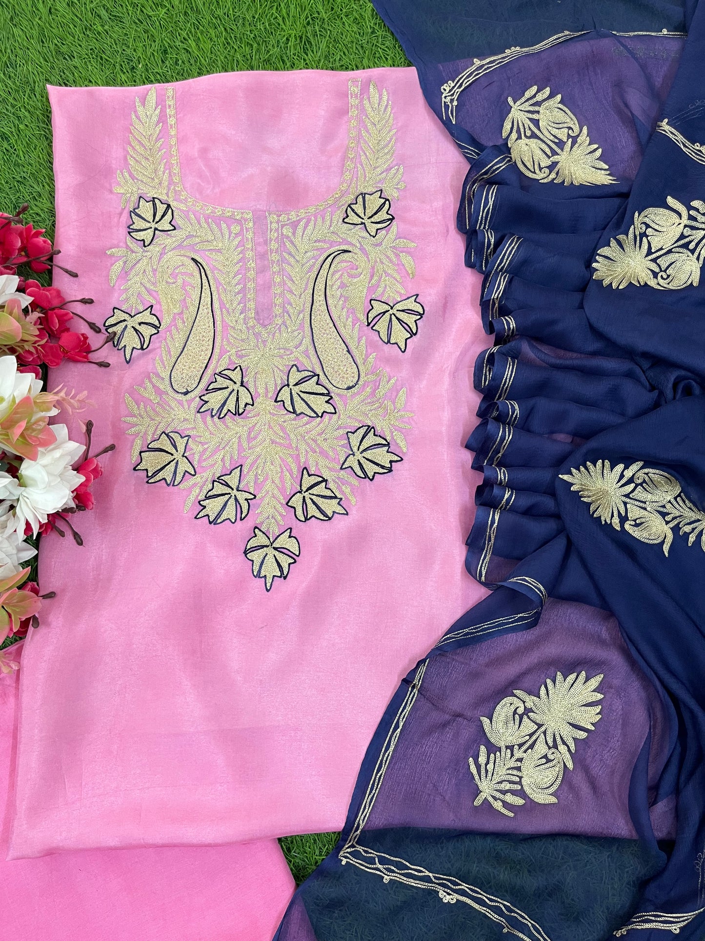 Pink Silk Aari Tilla Fusion Suit