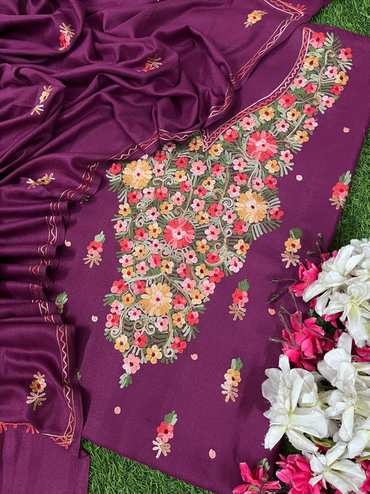 Wine Woollen Aari Embroidered 3pc suit