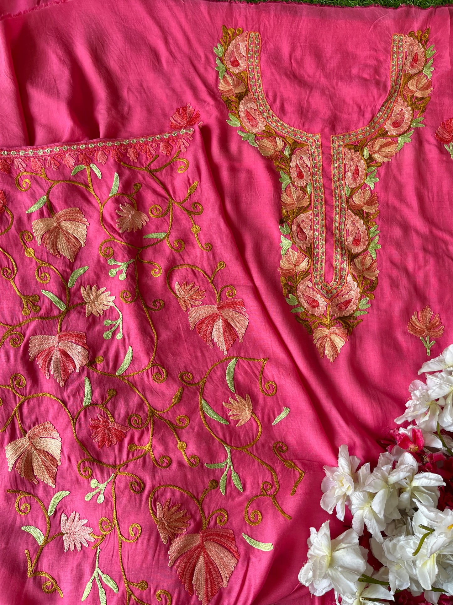 Pink Muslin Cotton Jaal Sleeves Kashmiri 3pc Suit