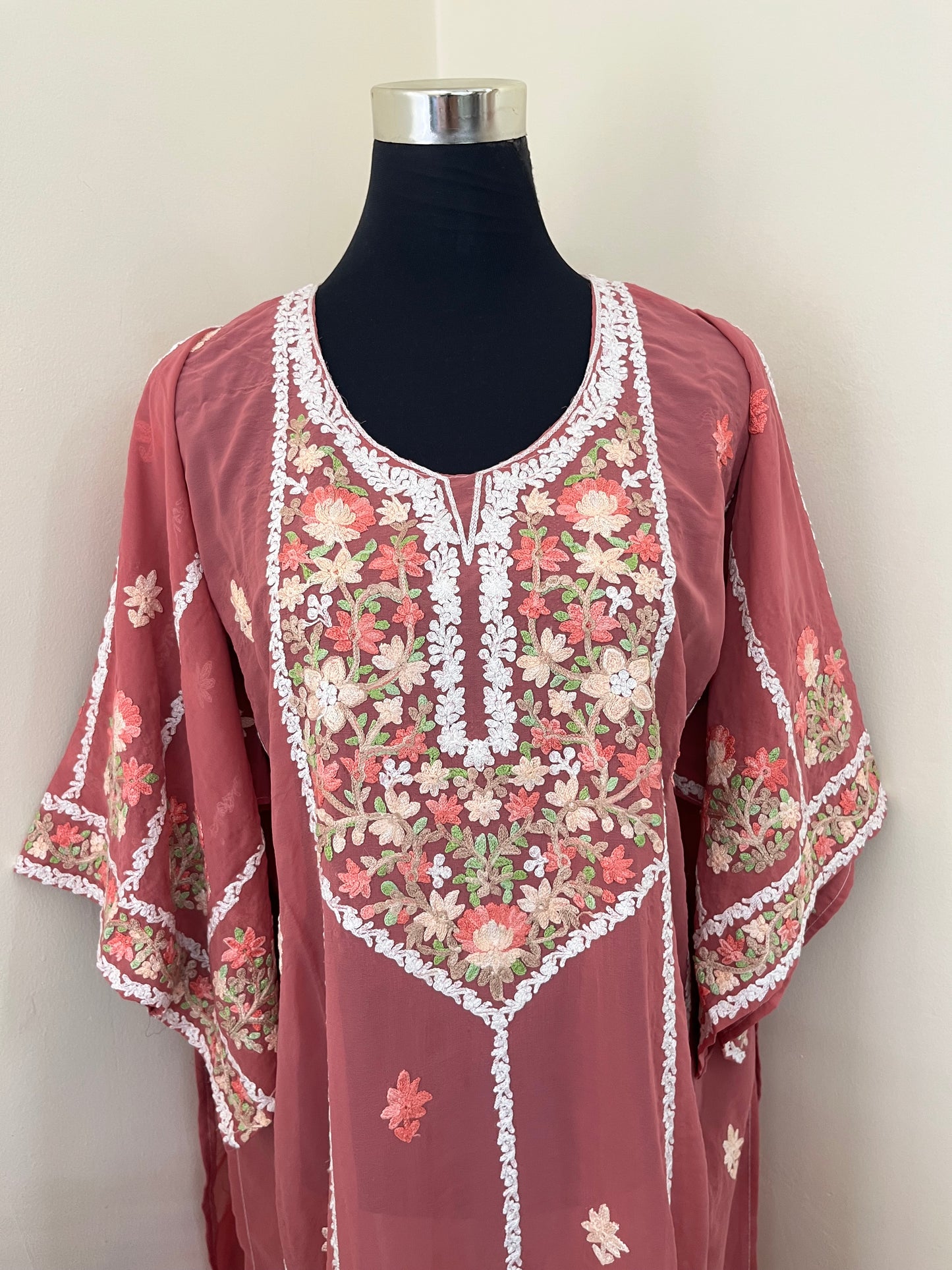 Pink Georgette All over Work Aari Embroidered Unstitched Kurta