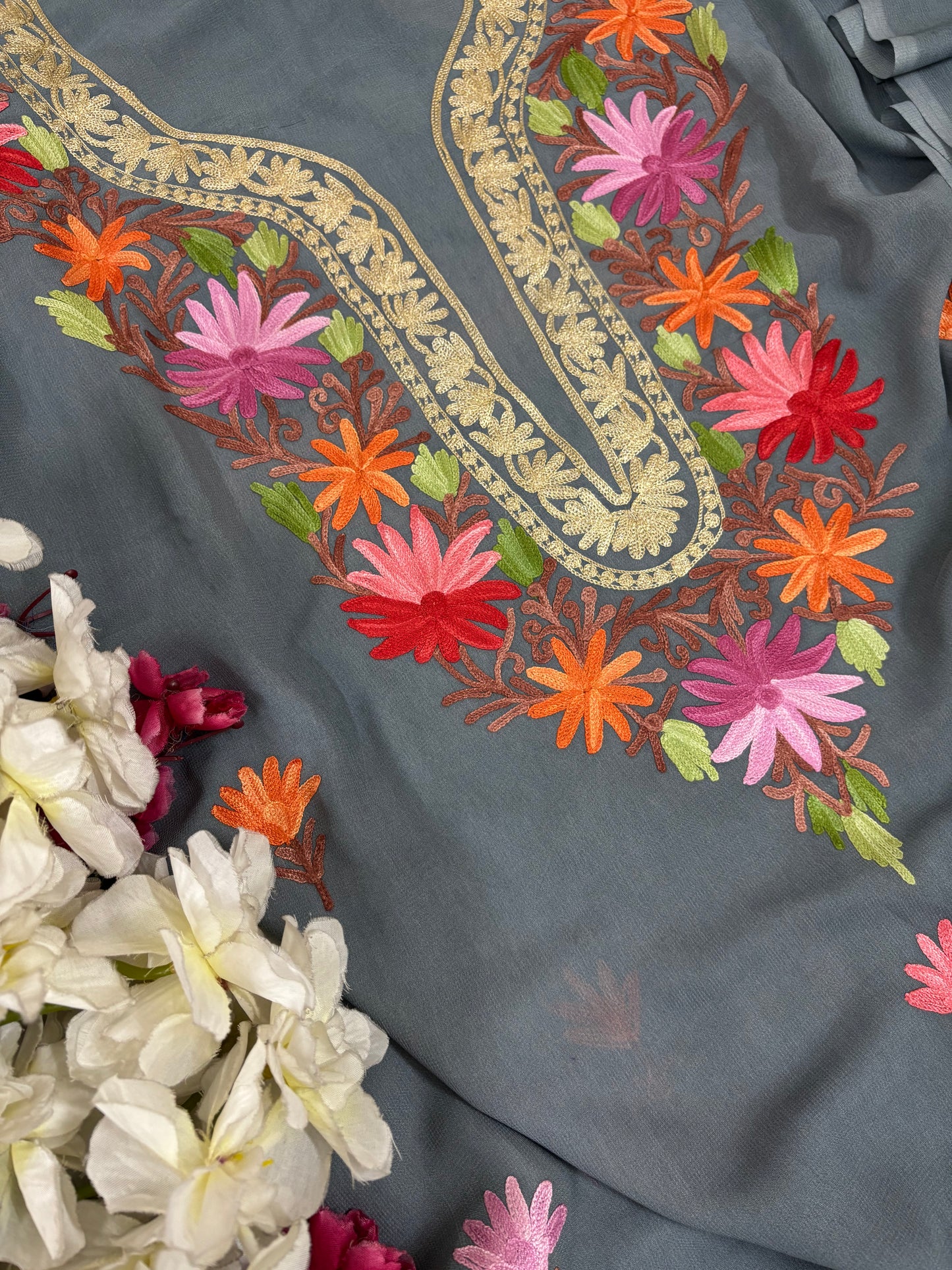 Grey Pure Georgette Kashmiri Suit