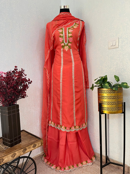 Sanam’ Orange Silk Aari Embroidered Suit material