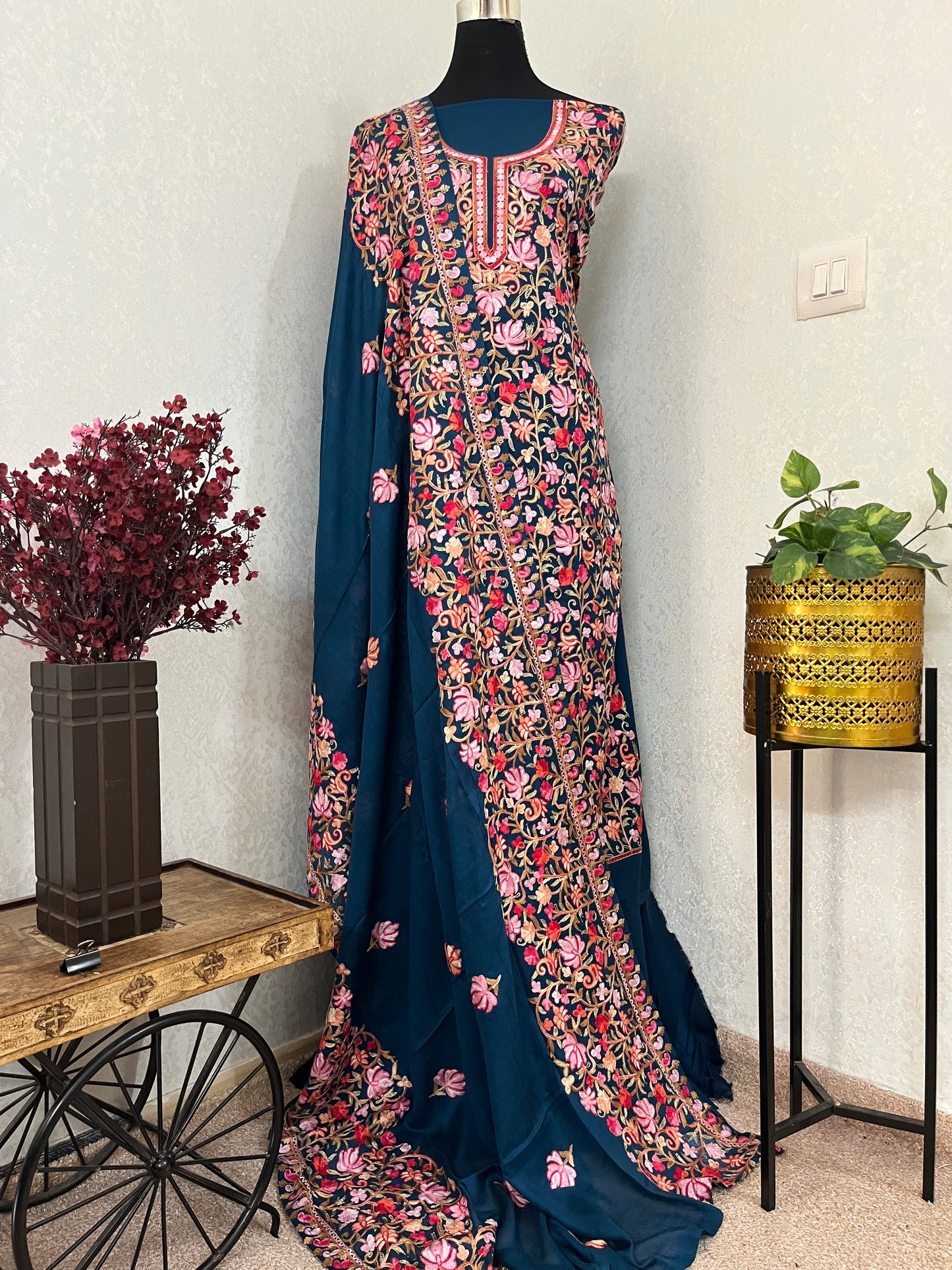 Peacock Blue Cotton Kashmiri Suit