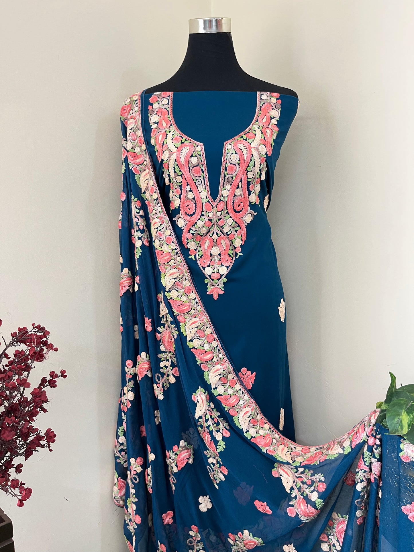 Blue Rayon Cotton Kashmiri 3pc set
