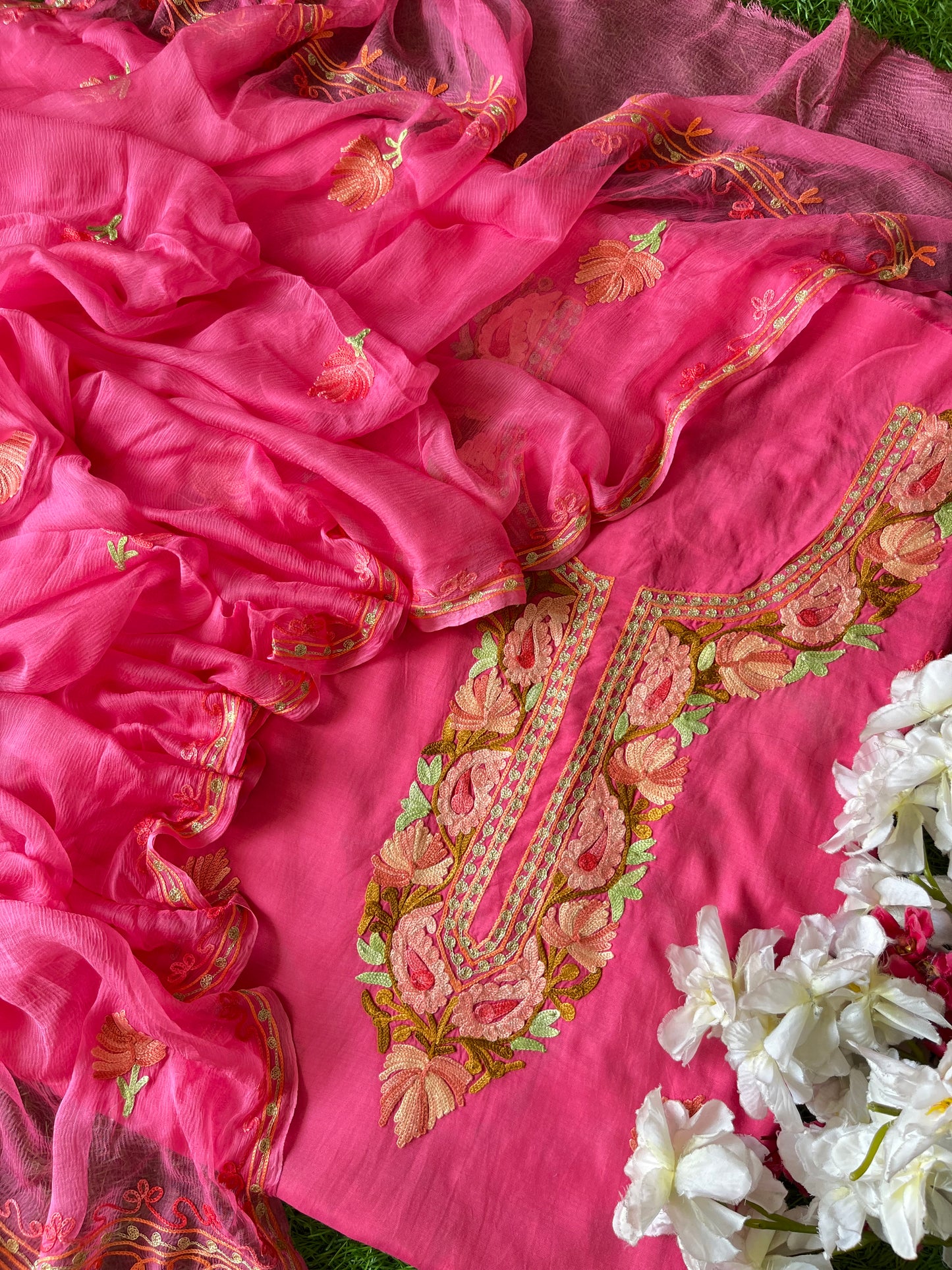 Pink Muslin Cotton Jaal Sleeves Kashmiri 3pc Suit
