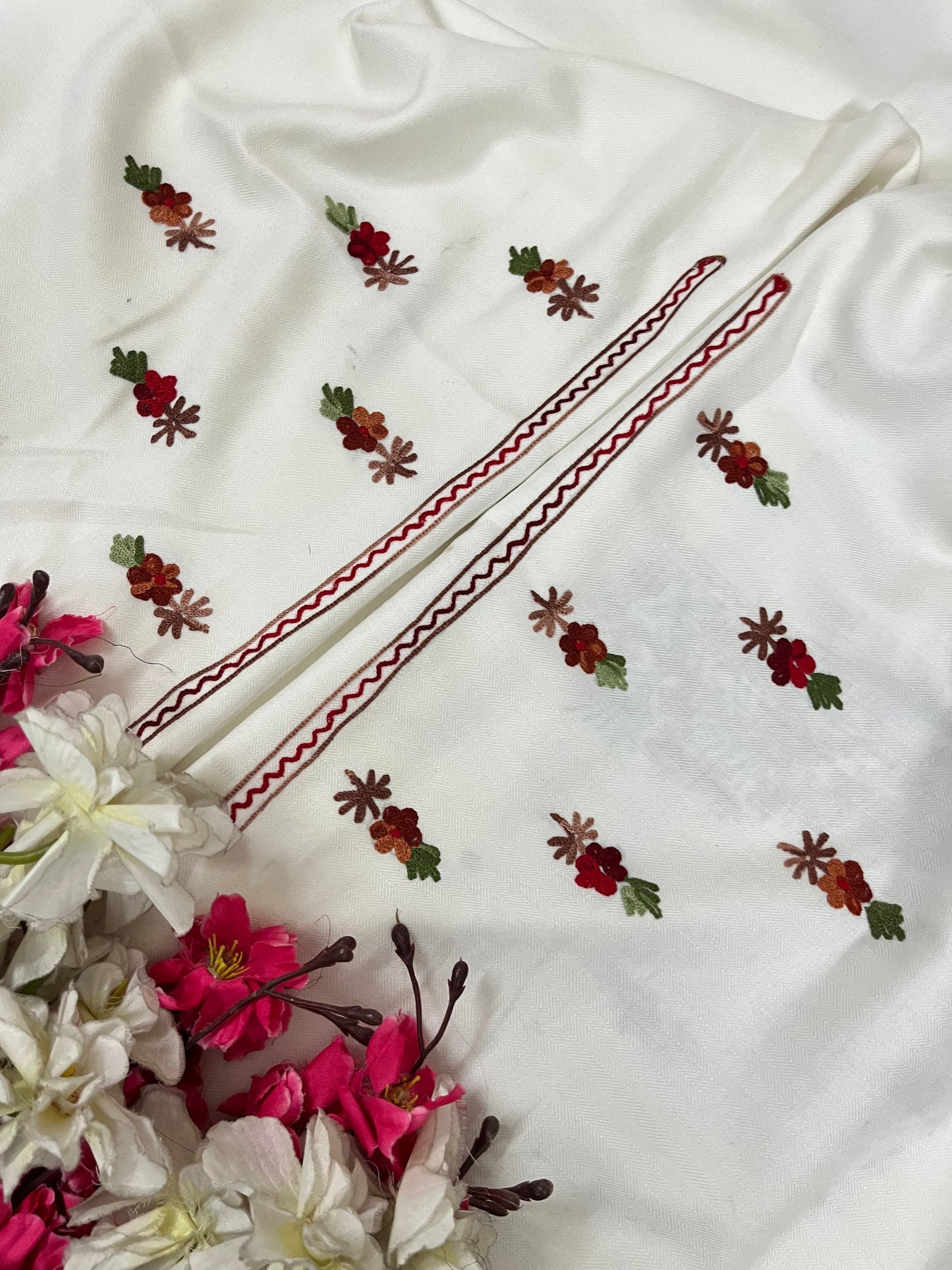Off White Woollen Aari Embroidered 3pc suit