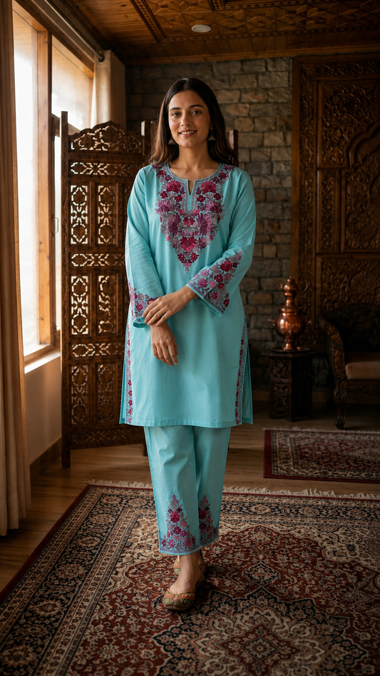 Sky Blue Cotton Stitched Co-ord Set (42)