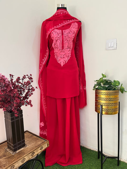 Red Georgette 3 Pc Aari Embroidered Suit Set