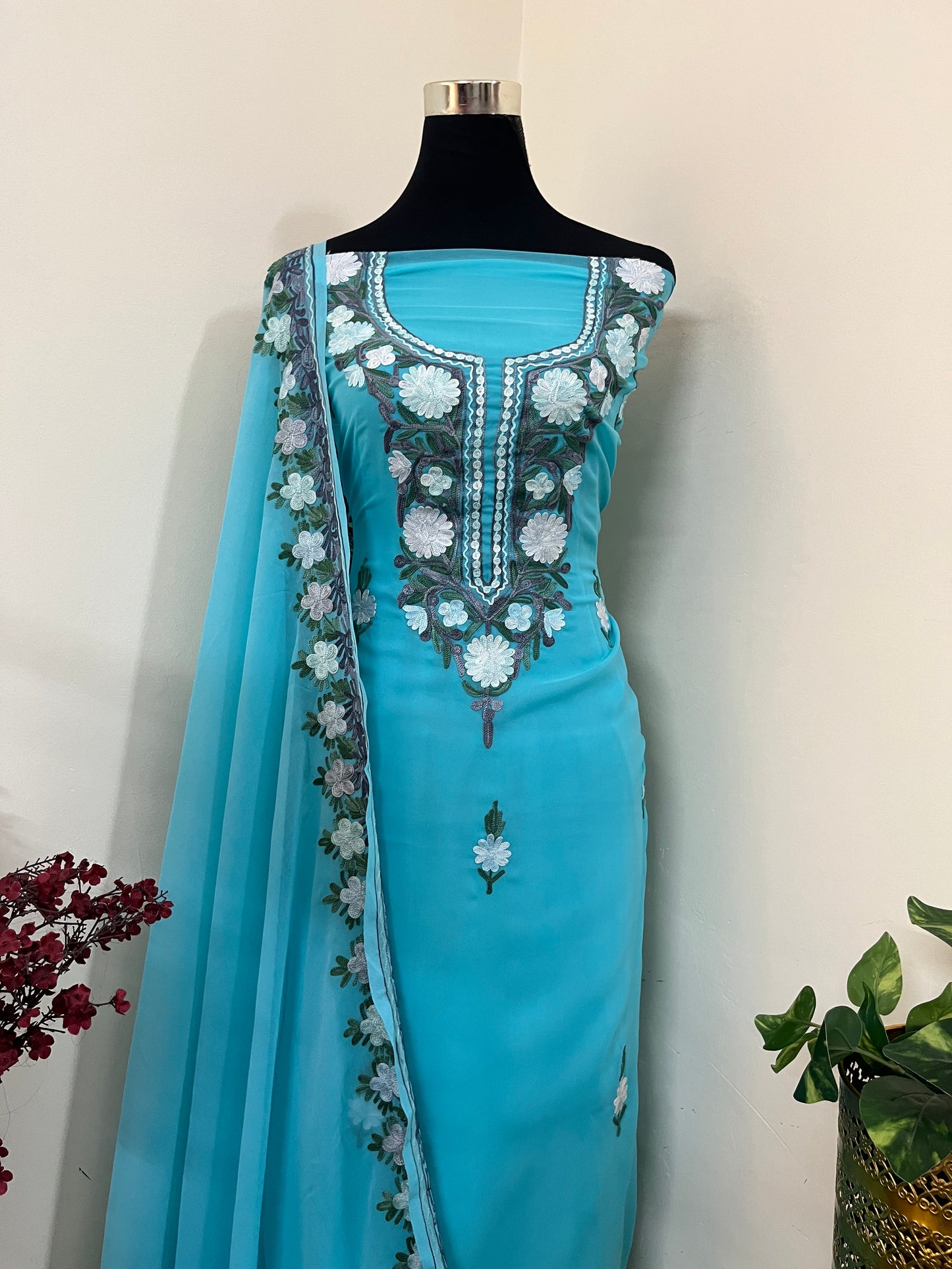 Sky Blue Georgette 3 Pc Aari Embroidered Suit Set