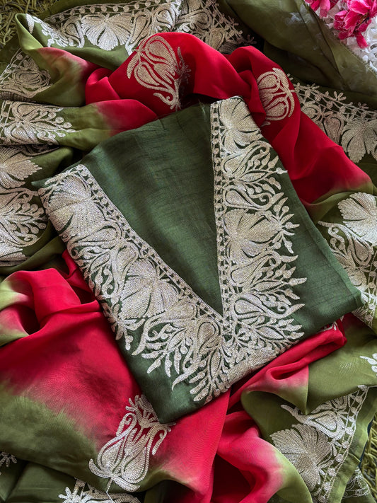 Sanam Army Green Silk Kashmiri Suit