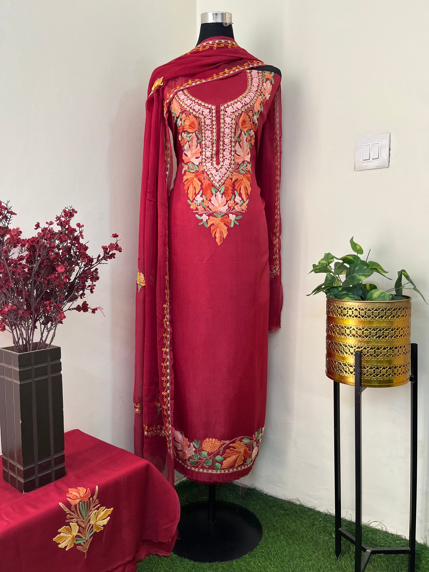 Maroon Opada Silk Aari Embroidered Suit material