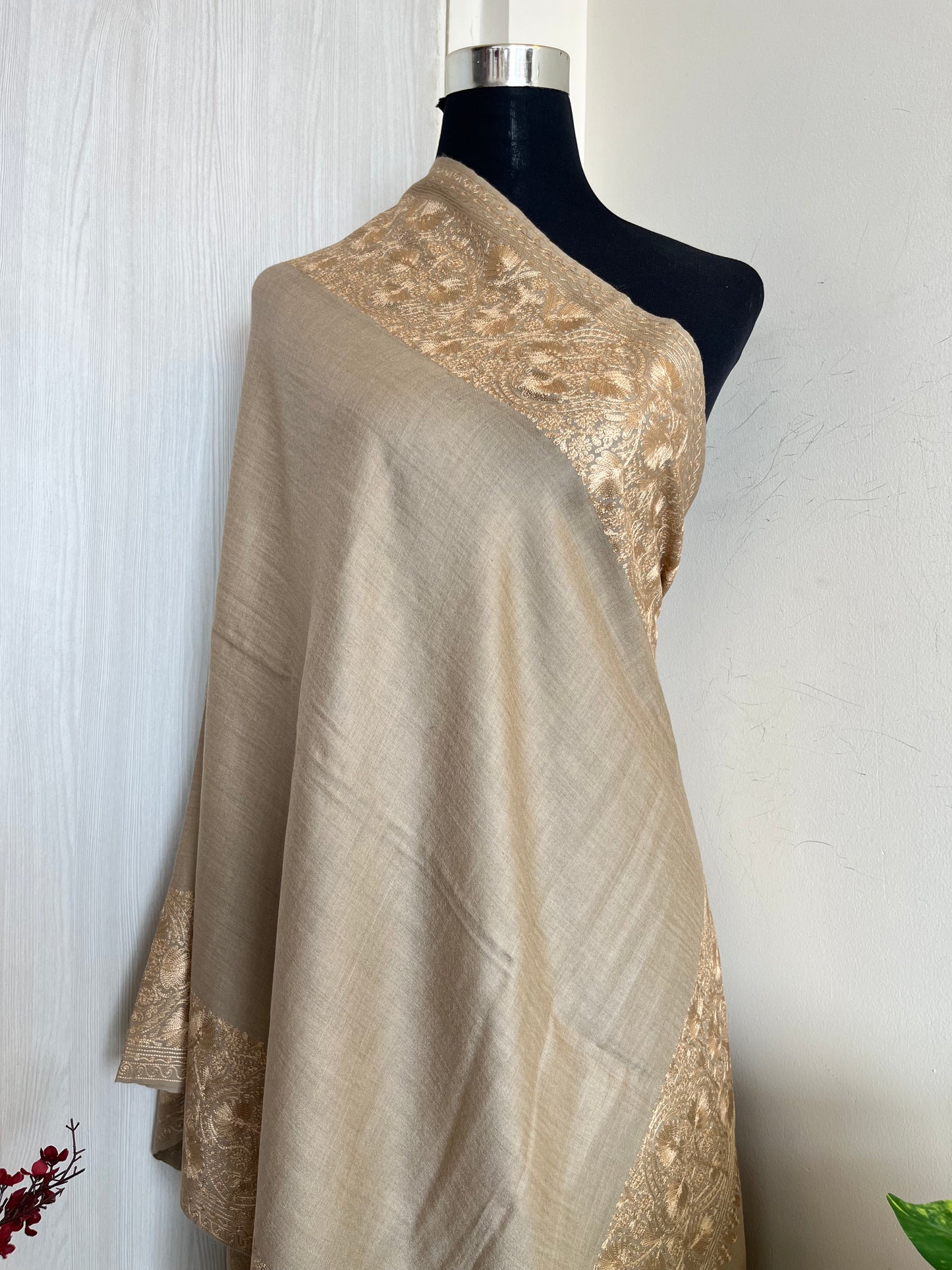 Beige Brown Silk Thread Border Embroidered Fine Semi Pashmina stole