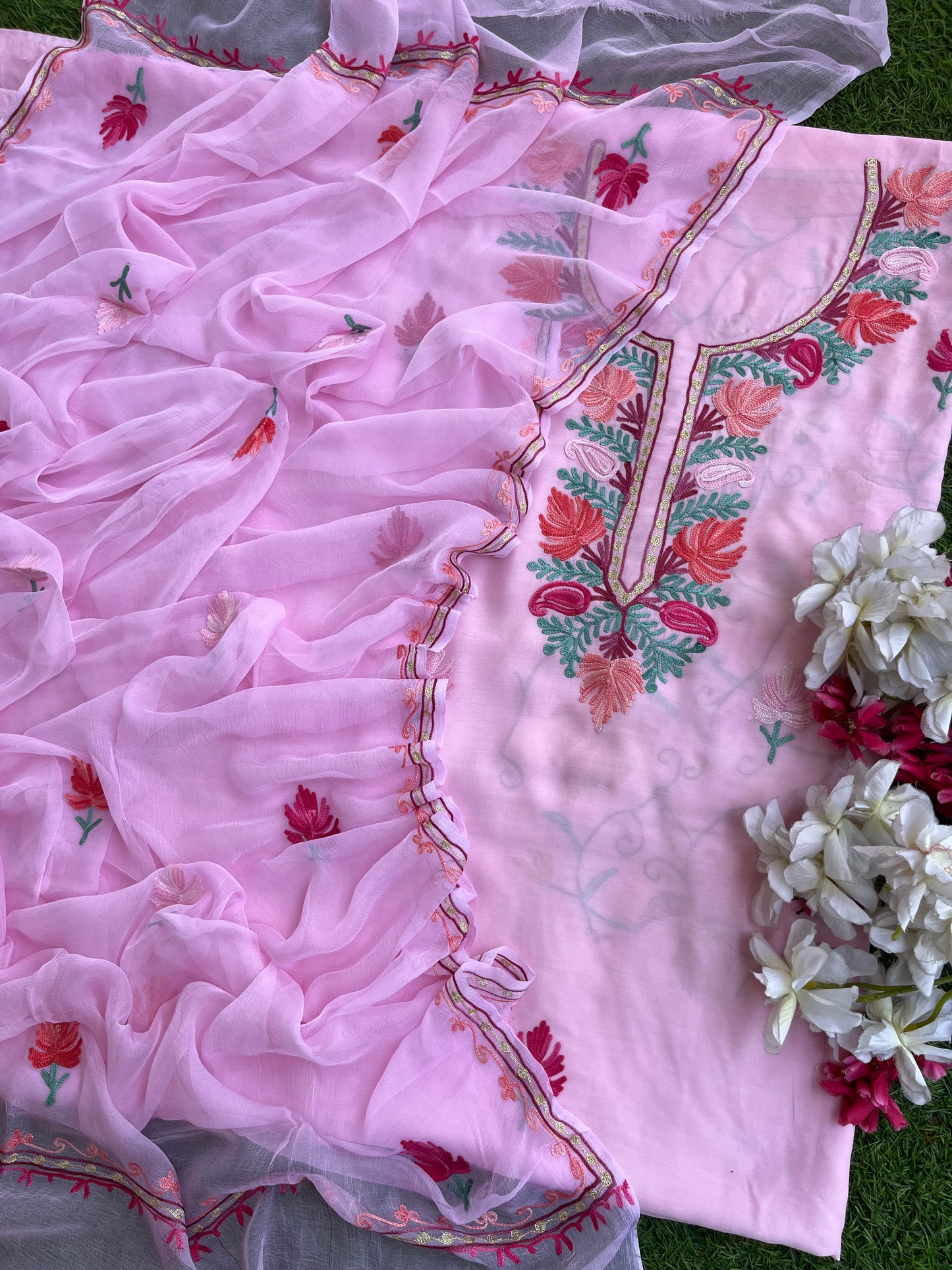Soft Pink Muslin Cotton Jaal Sleeves Kashmiri 3pc Suit