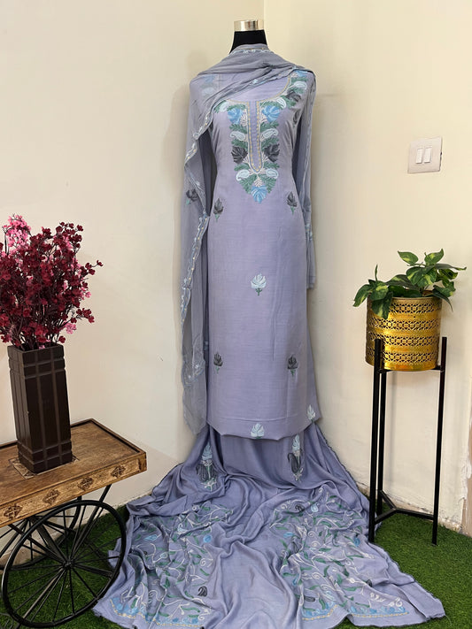English Grey Muslin Cotton Jaal Sleeves Kashmiri 3pc Suit