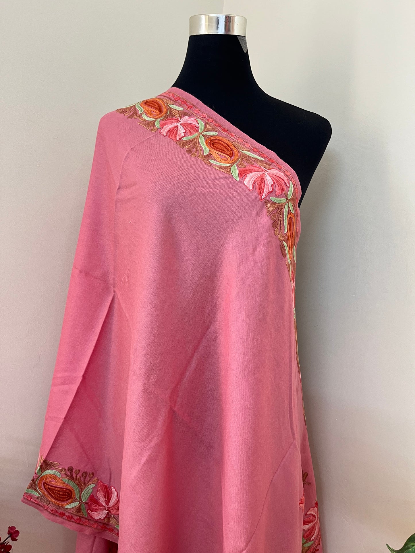 Soft Pink Fine Semi Pashmina Aari Embroidered stole