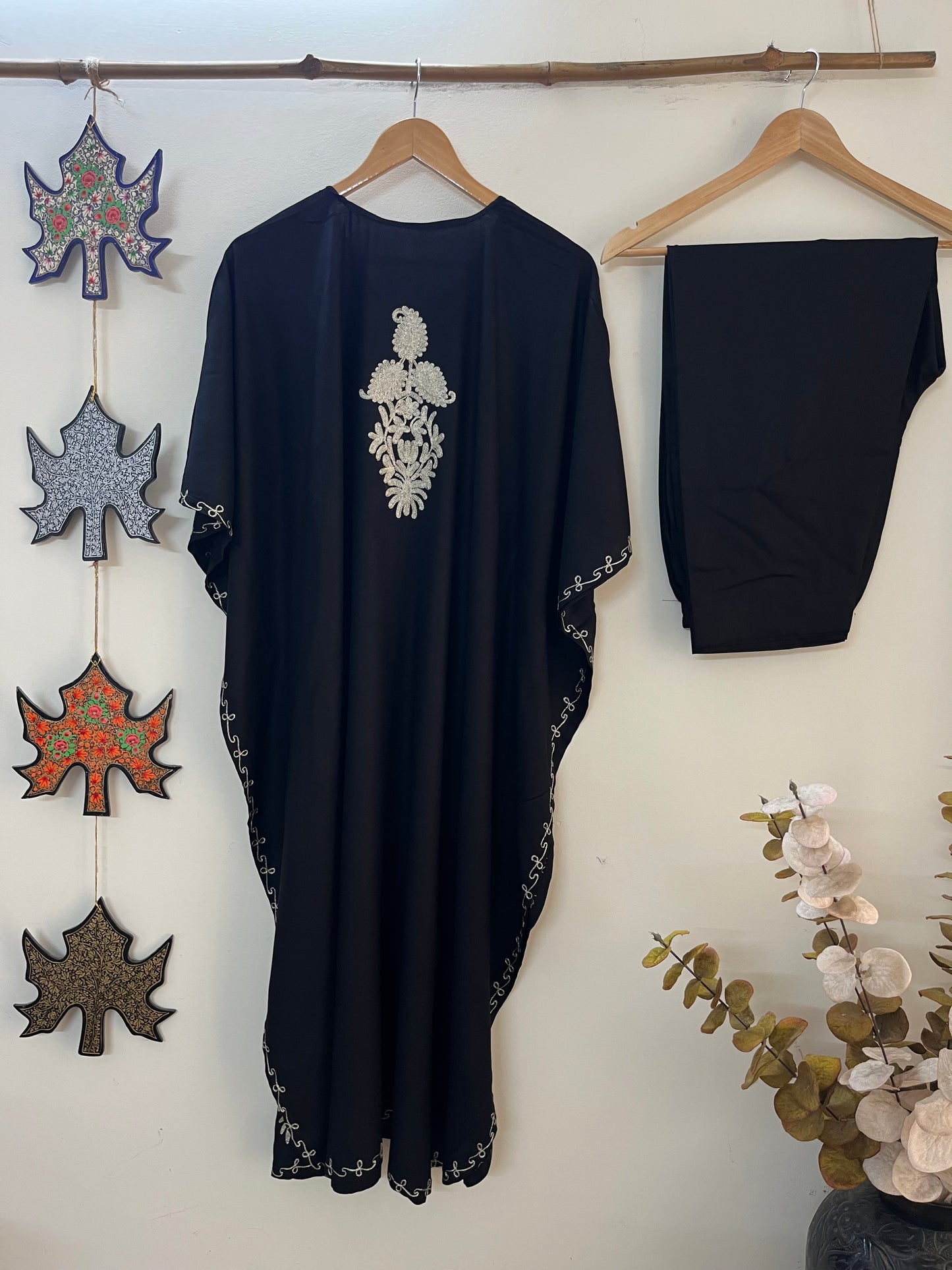 Black Rayon Cotton Kashmiri Tilla Kaftan