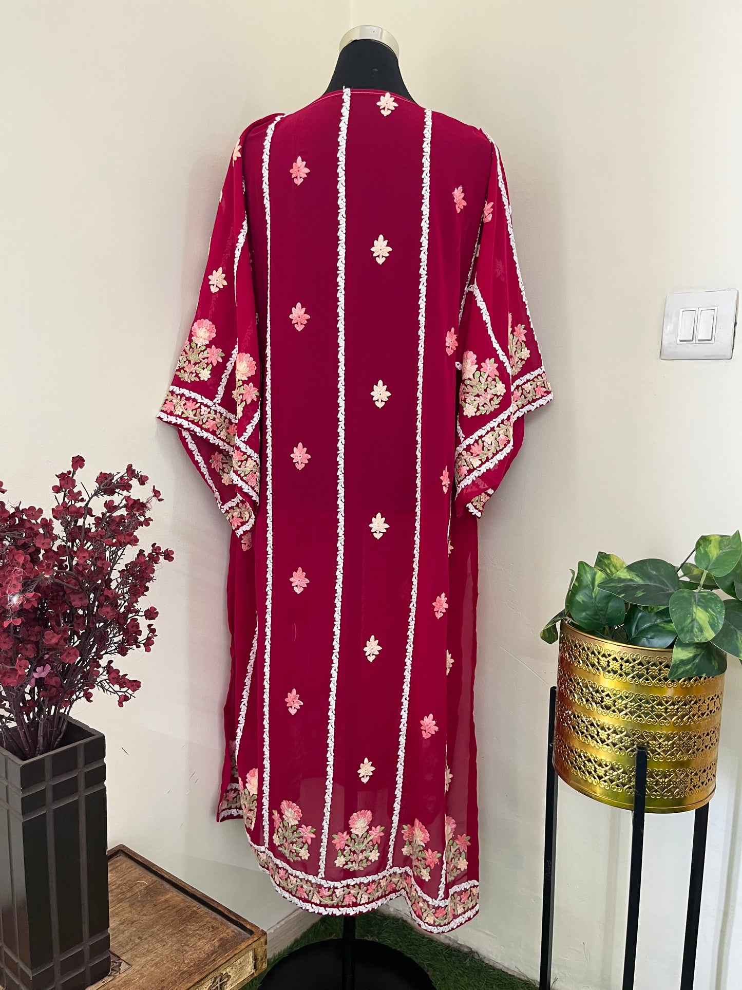 Hot Pink Georgette All over Work Aari Embroidered Unstitched Kurta