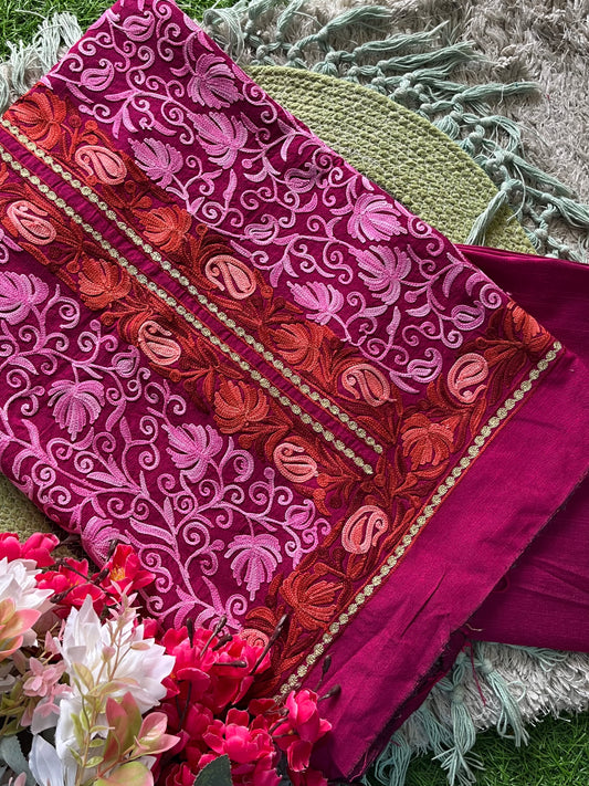 Cotton Hot Pink Aari Embroidered Kurta Pant Set