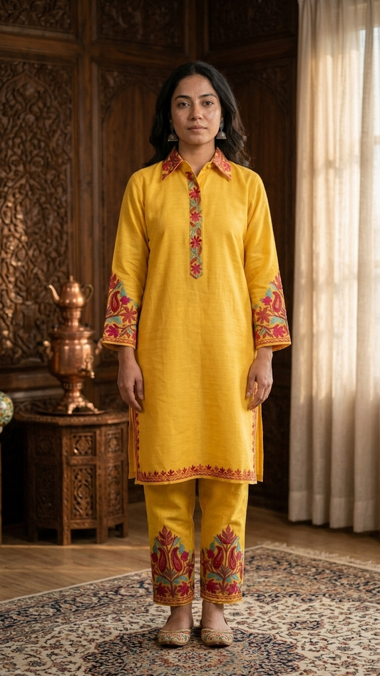 Yellow Cotton Stitched Co-ord Set (L/XL)