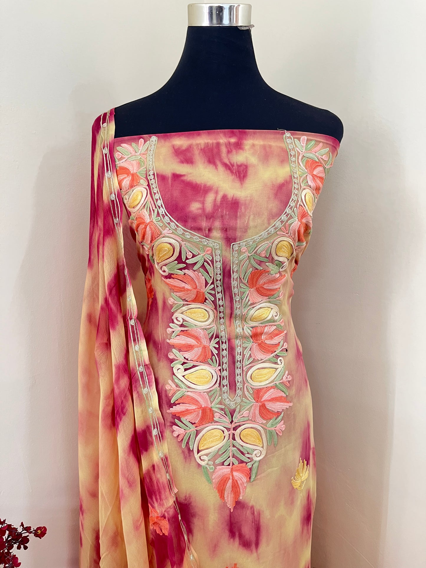 Yellow Pink Pure Georgette Ty Dy Kashmiri Suit