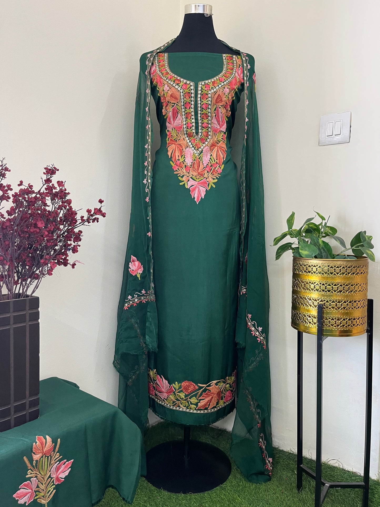 Bottle Green Opada Silk Aari Embroidered Suit material