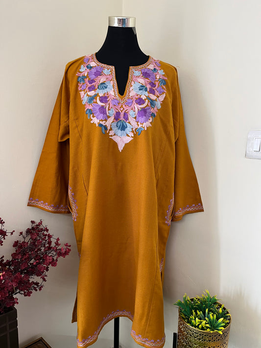 Mustard Aari Embroidered Wool Pheran