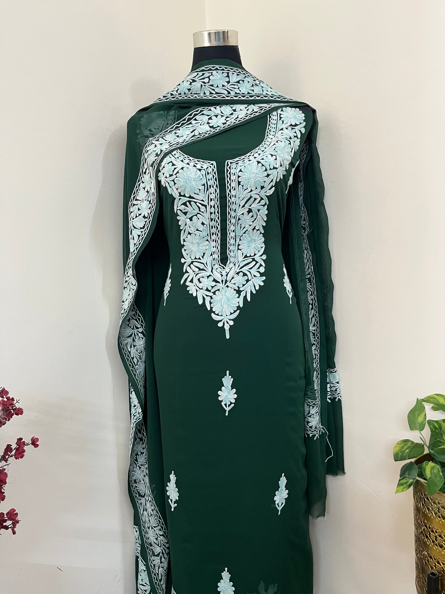 Georgette Green 3 Pc Aari Embroidered Suit Set
