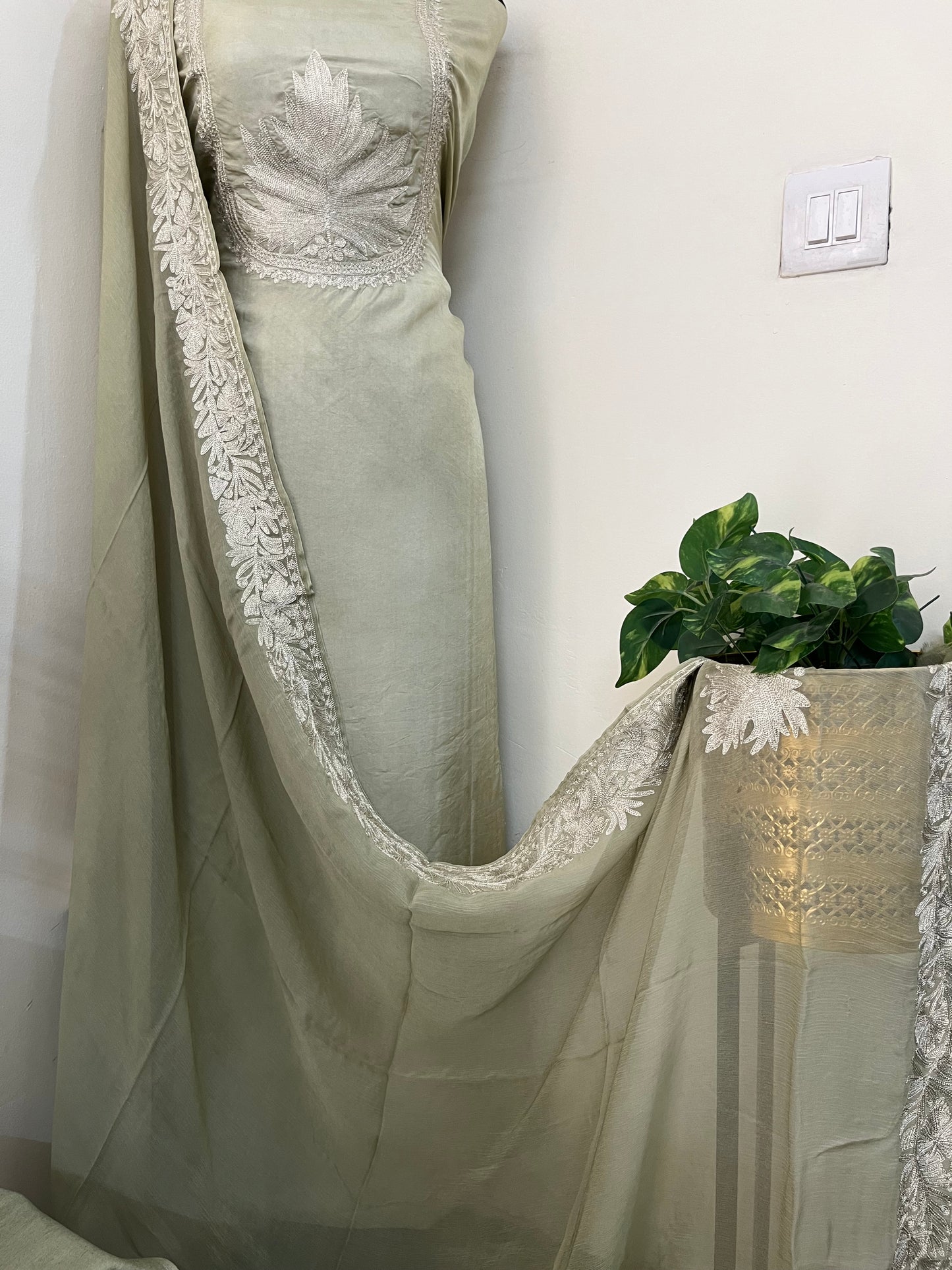 Sanam’ Pastel Green Tilla Embroidered Suit material