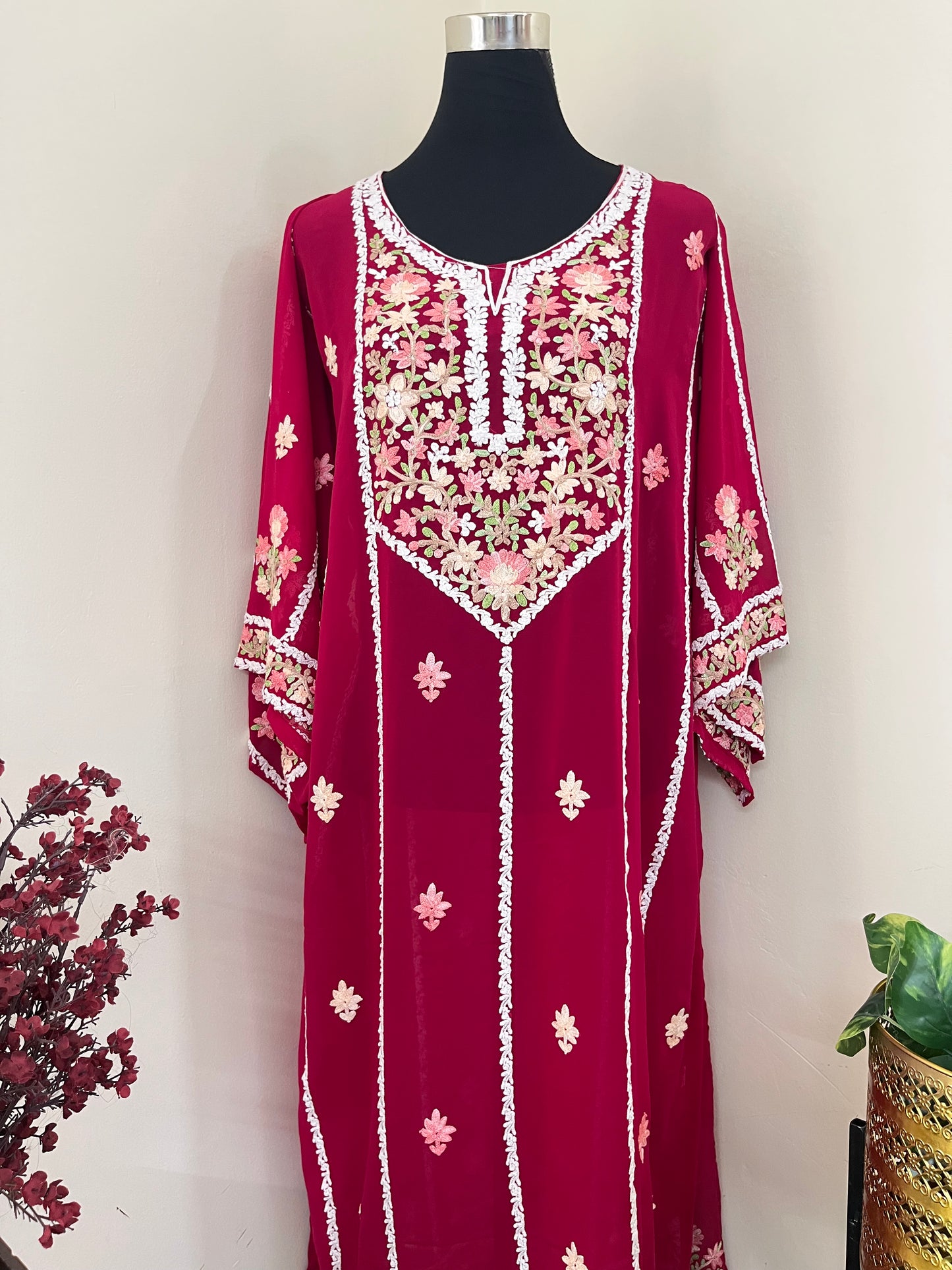 Hot Pink Georgette All over Work Aari Embroidered Unstitched Kurta