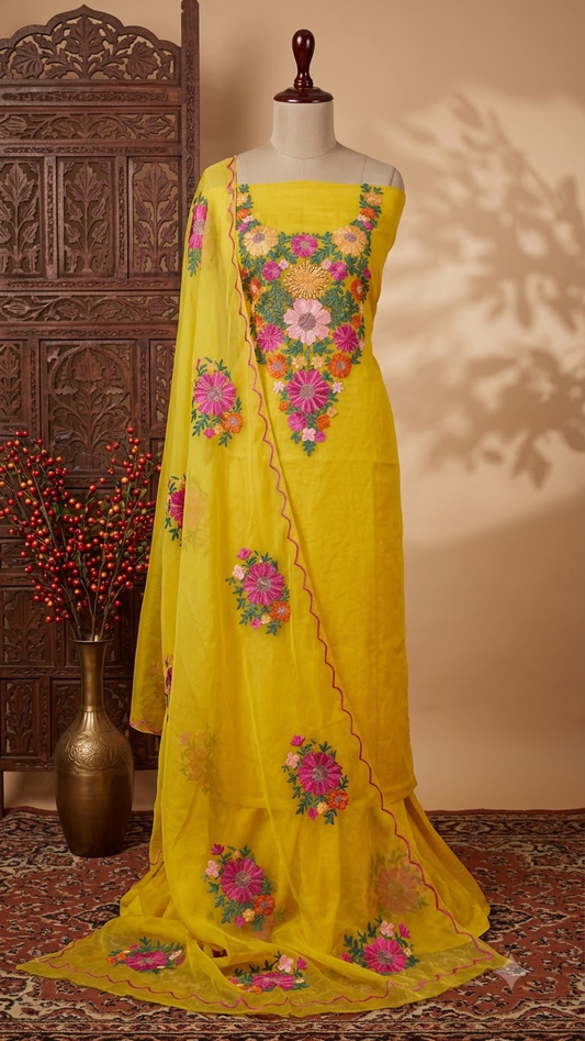 Yellow Soft Tissue Kashmiri Suit (On Order)