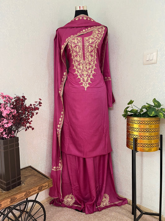 Hot Pink Silk Pashmina Kashmiri Suit