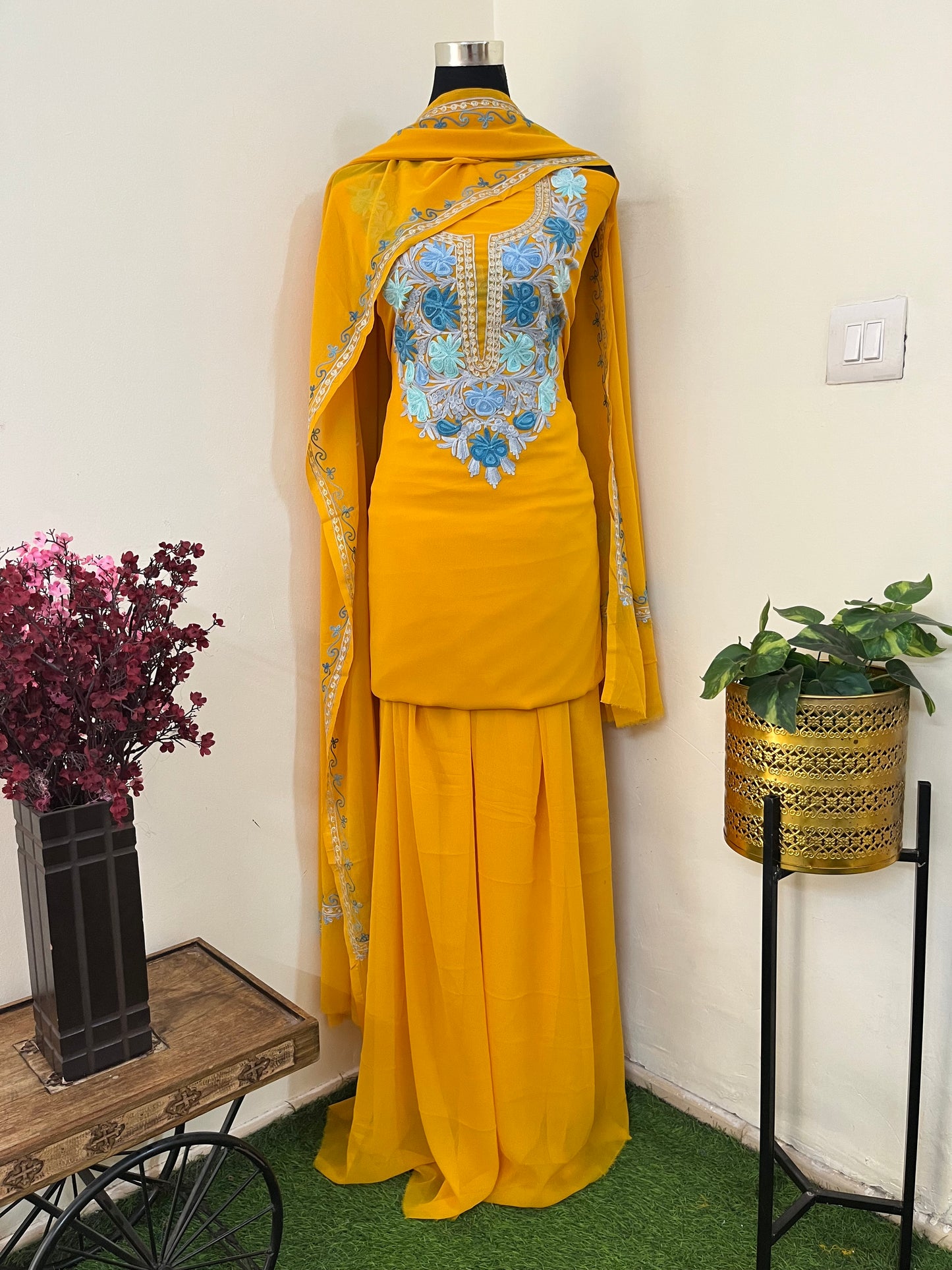 Mustard Georgette 3 Pc Aari Embroidered Suit Set